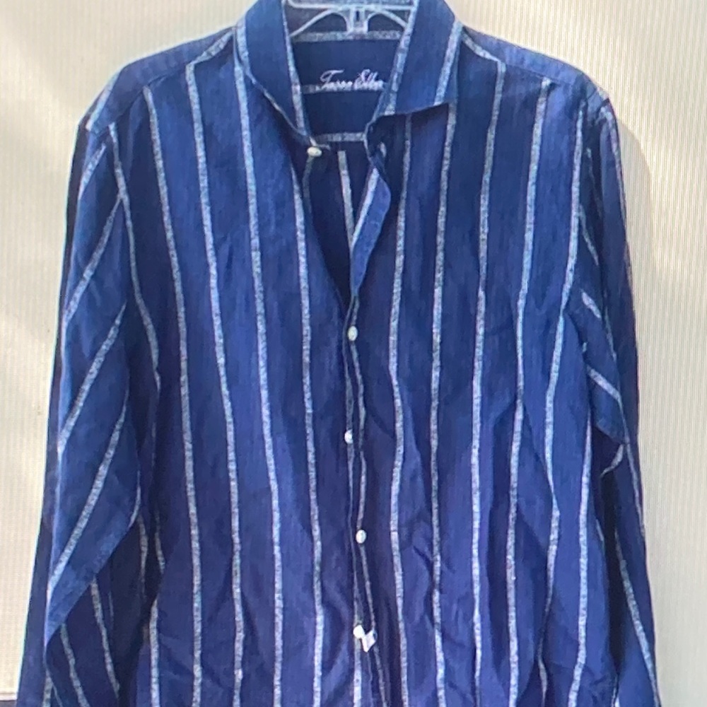 Tommy Hilfiger Blue and White Striped Button-Down Shirt